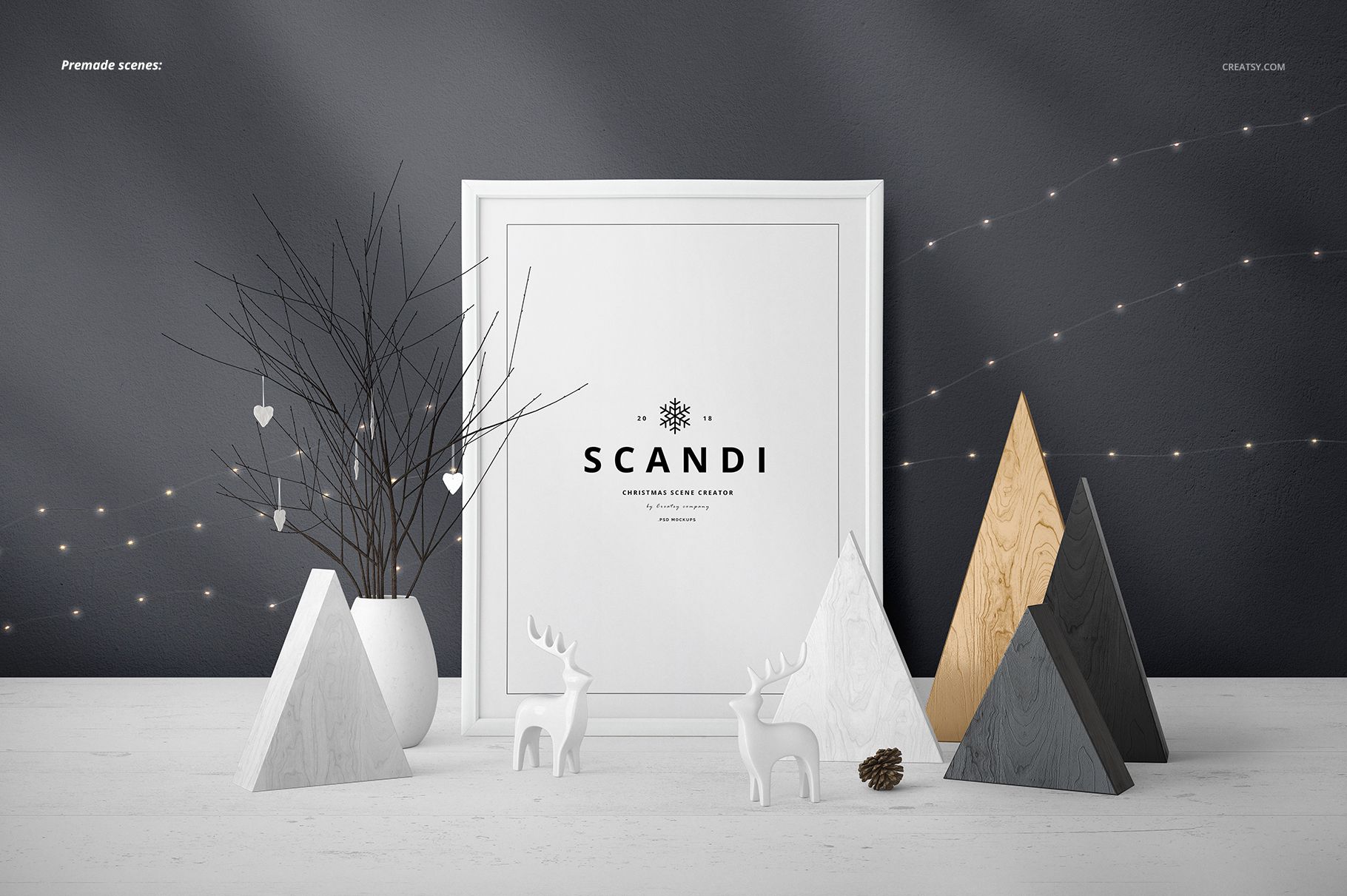 Front view of a SCANDI Christmas PSD mockup featuring geometric wooden trees, reindeer, and a white frame.