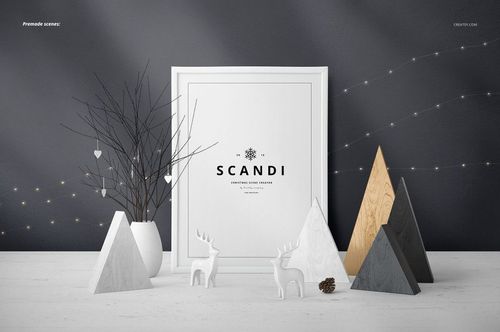 Front view of a SCANDI Christmas PSD mockup featuring geometric wooden trees, reindeer, and a white frame.
