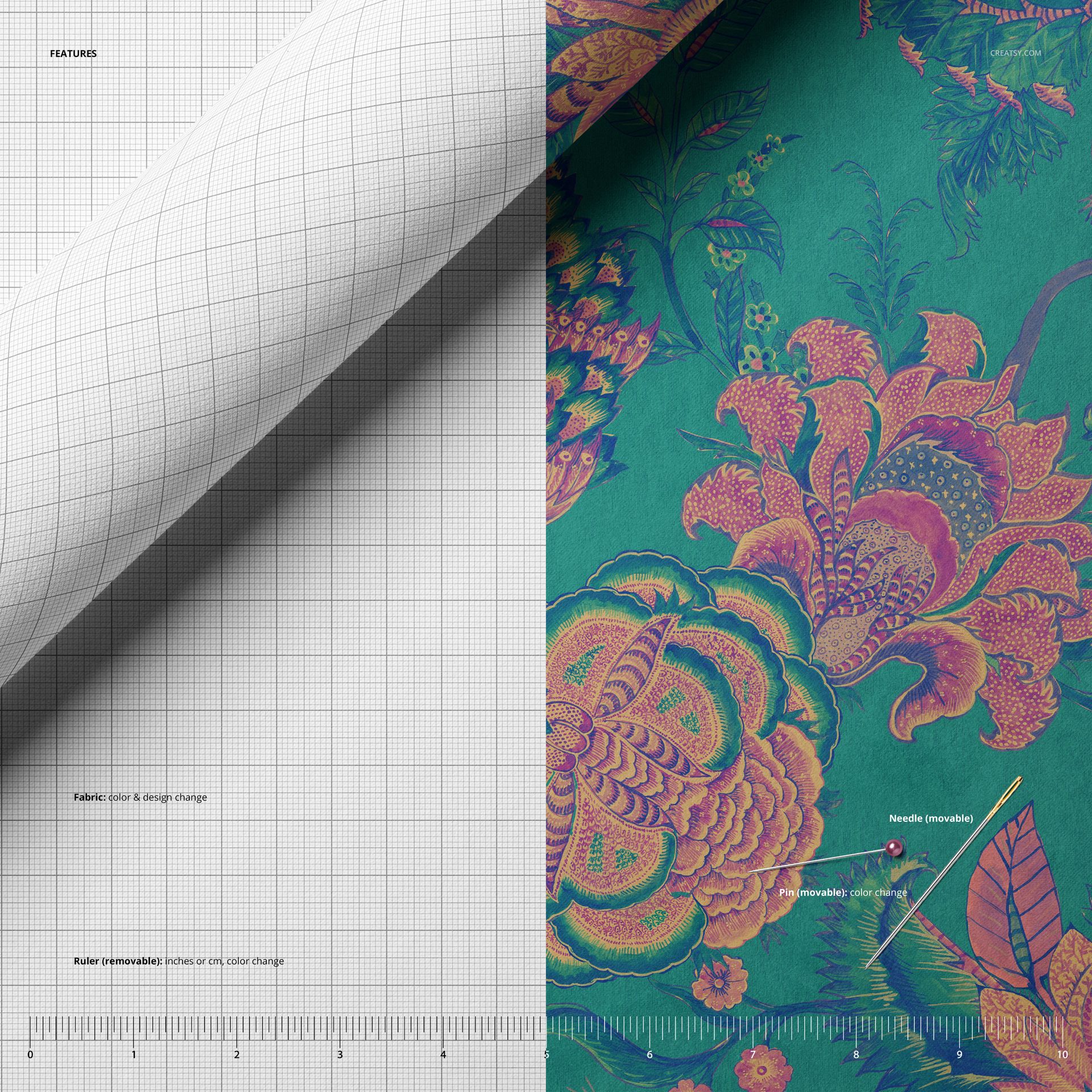 Close-up of velvet fabric mockup showing a colorful floral pattern on green background, partially rolled with grid overlay.