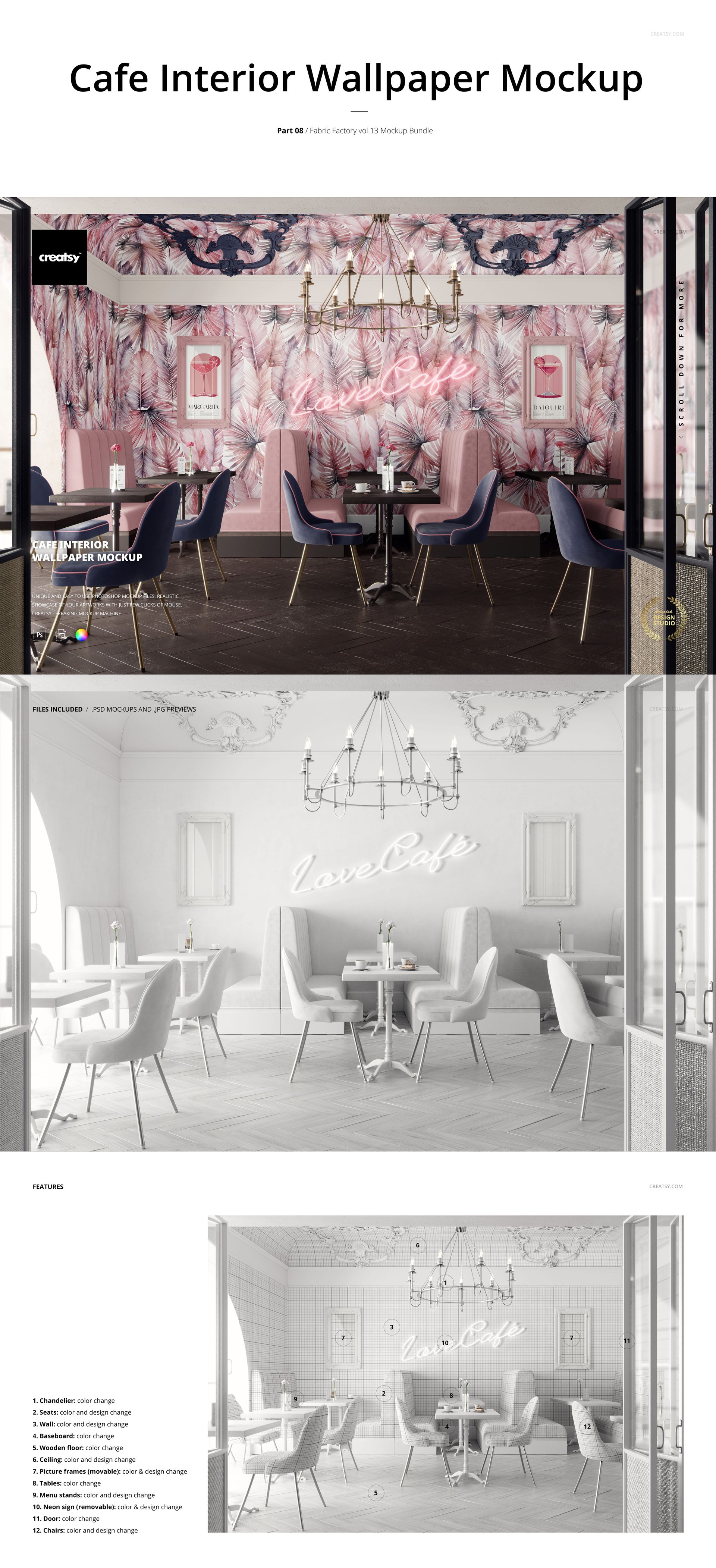 Cafe interior scene featuring upholstered chairs, tables, and vibrant pink patterned wallpaper, front view mockup.