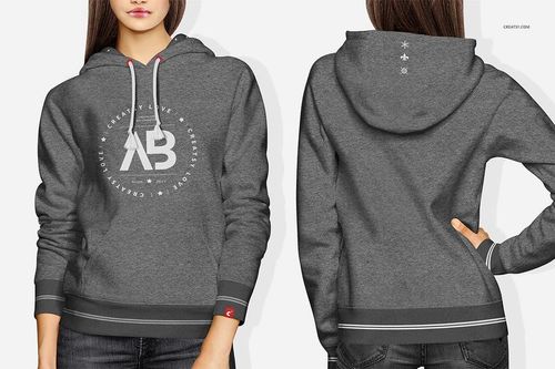 Women’s grey hoodie mockup displayed from both front and back angles, featuring white print and drawstring details.