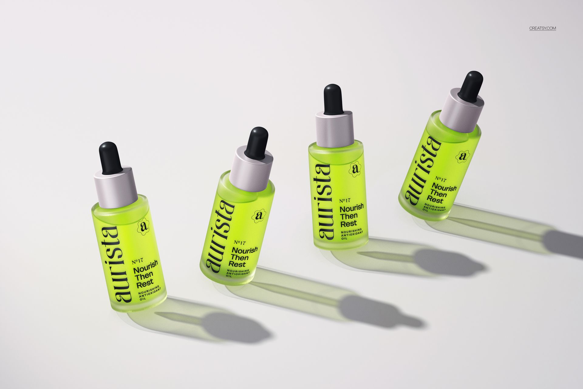 PSD mockup showing four neon green dropper bottles with black lids, positioned on a white background with shadows.
