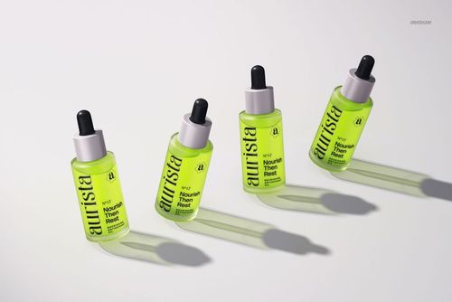 PSD mockup showing four neon green dropper bottles with black lids, positioned on a white background with shadows.