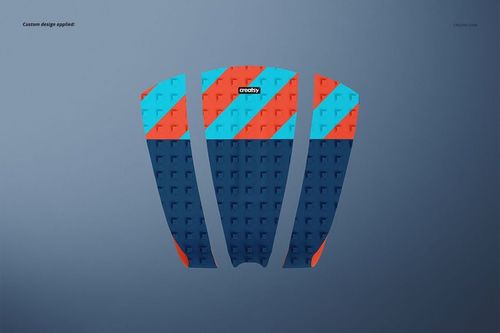 Three-piece surfboard traction pad mockup with geometric blue and red pattern on a gray background, top perspective.