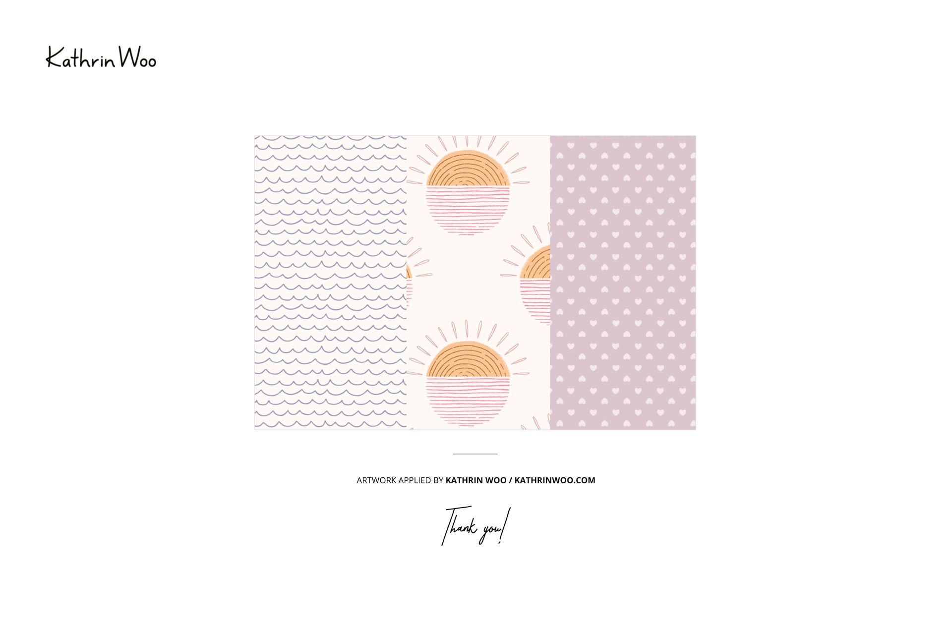 Pattern mockup with three sections: blue waves, stylized orange sunbursts, and mauve with white polka dots.