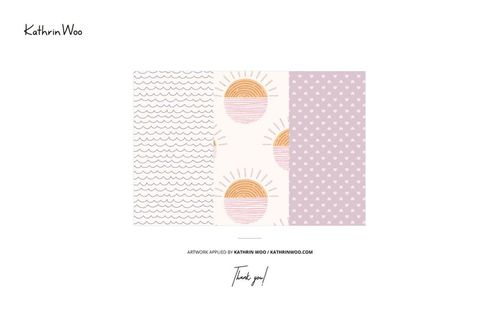 Pattern mockup with three sections: blue waves, stylized orange sunbursts, and mauve with white polka dots.