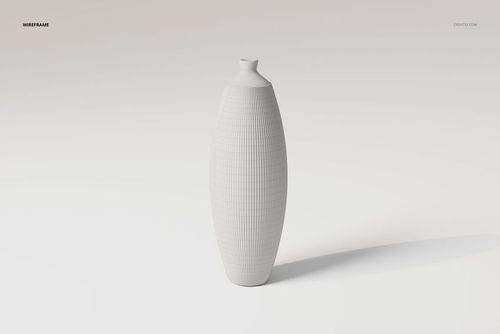 Front view of a ceramic fluted vase with a tall, oval shape and vertical grid texture on a light background.
