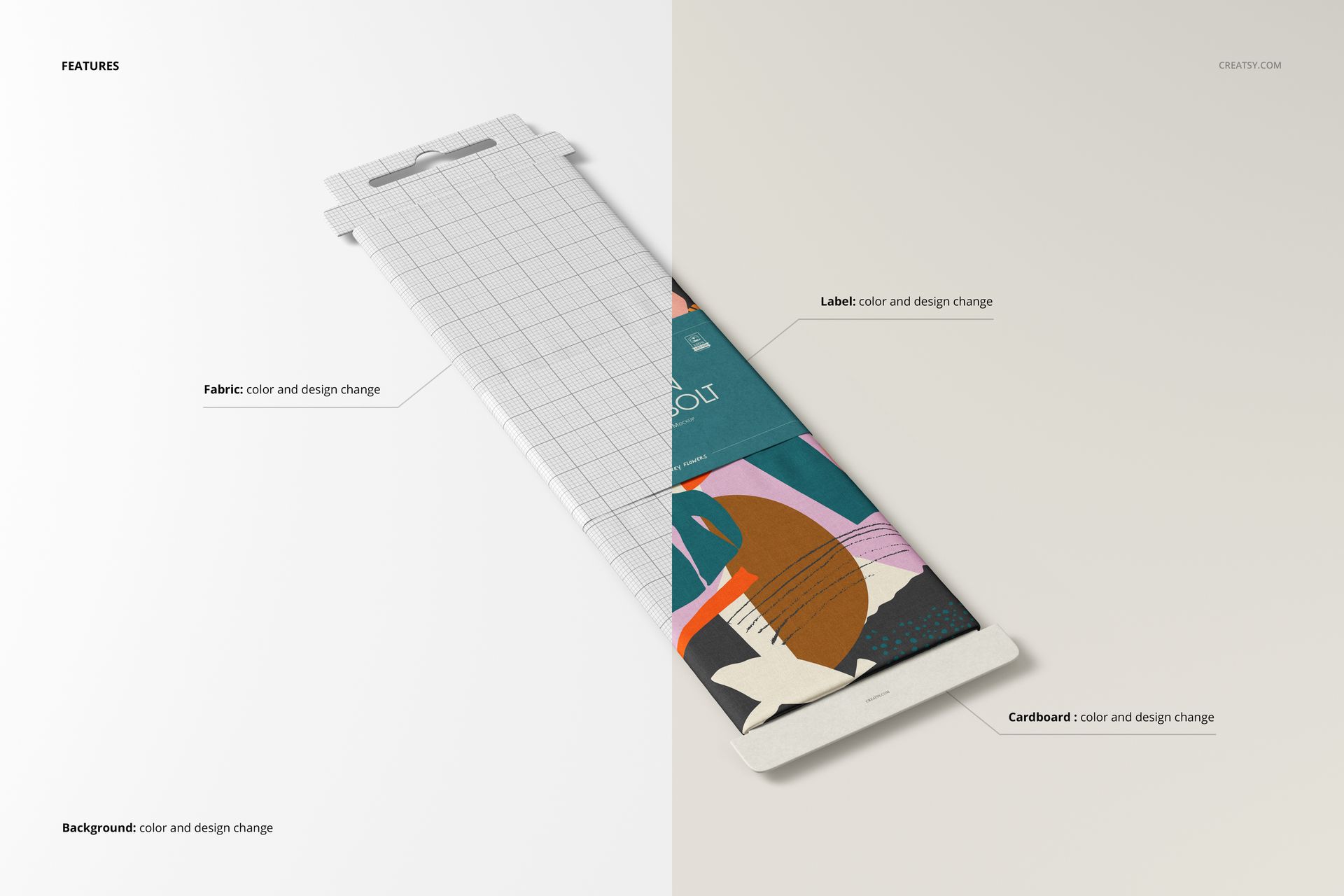 Fabric bolt mockup displayed on a flat surface, featuring a colorful abstract pattern and editable cardboard packaging.