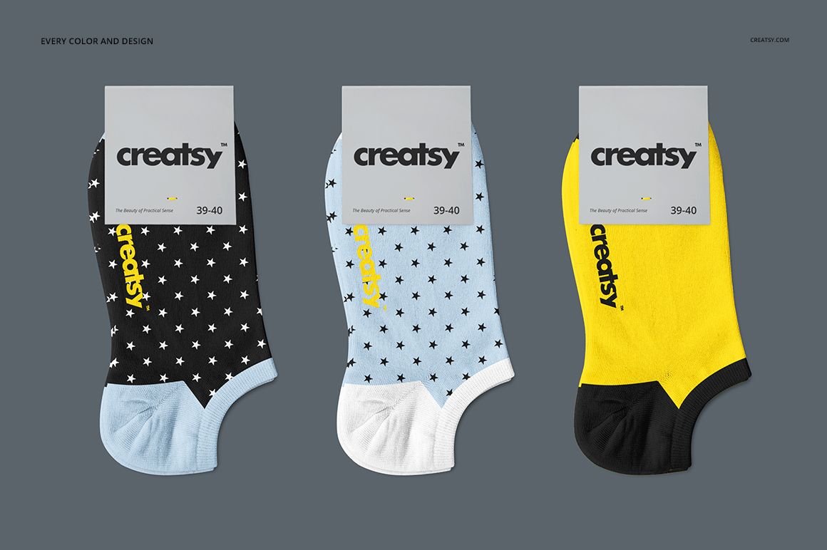 Low cut socks mockup set showing three designs: black with white stars, blue with black stars, and solid yellow.