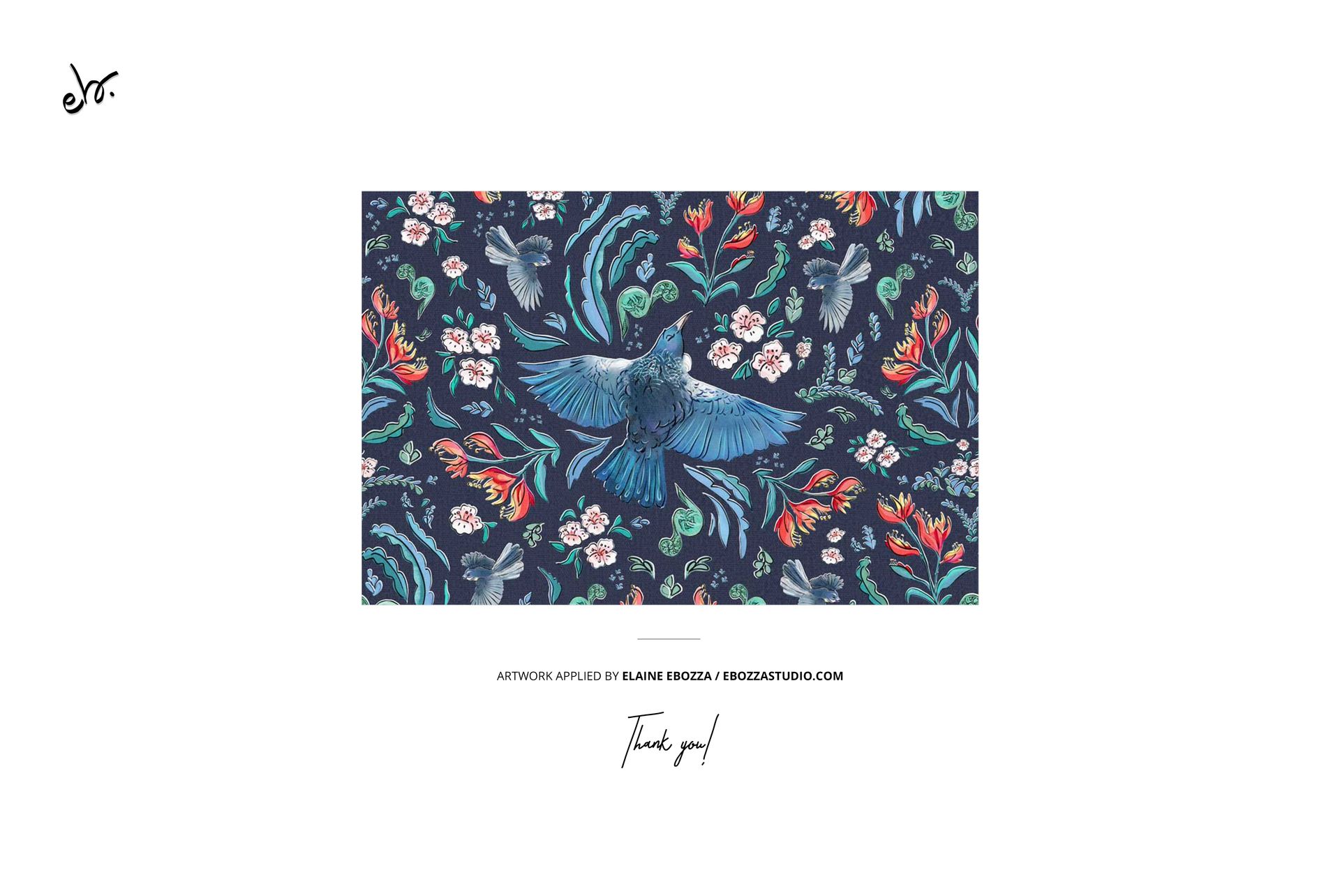 Rectangular fabric mockup featuring a vibrant floral and bird pattern on a dark background, front view centered.
