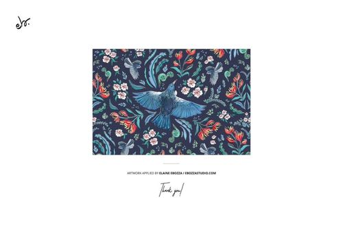 Rectangular fabric mockup featuring a vibrant floral and bird pattern on a dark background, front view centered.