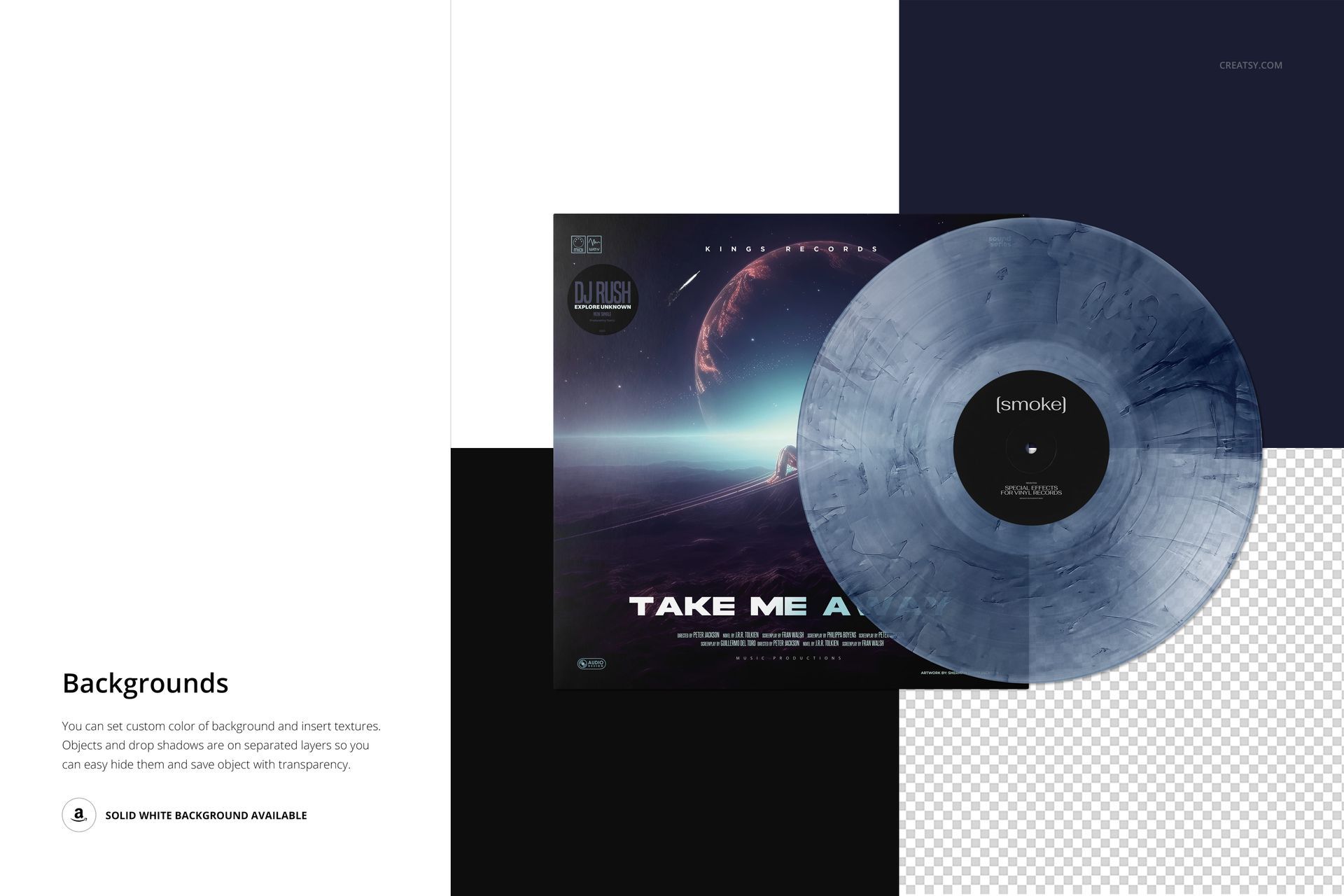 Smoke effect vinyl record and cover mockup displayed from above, showing marbled gray tones and cosmic artwork.
