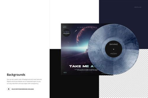 Smoke effect vinyl record and cover mockup displayed from above, showing marbled gray tones and cosmic artwork.