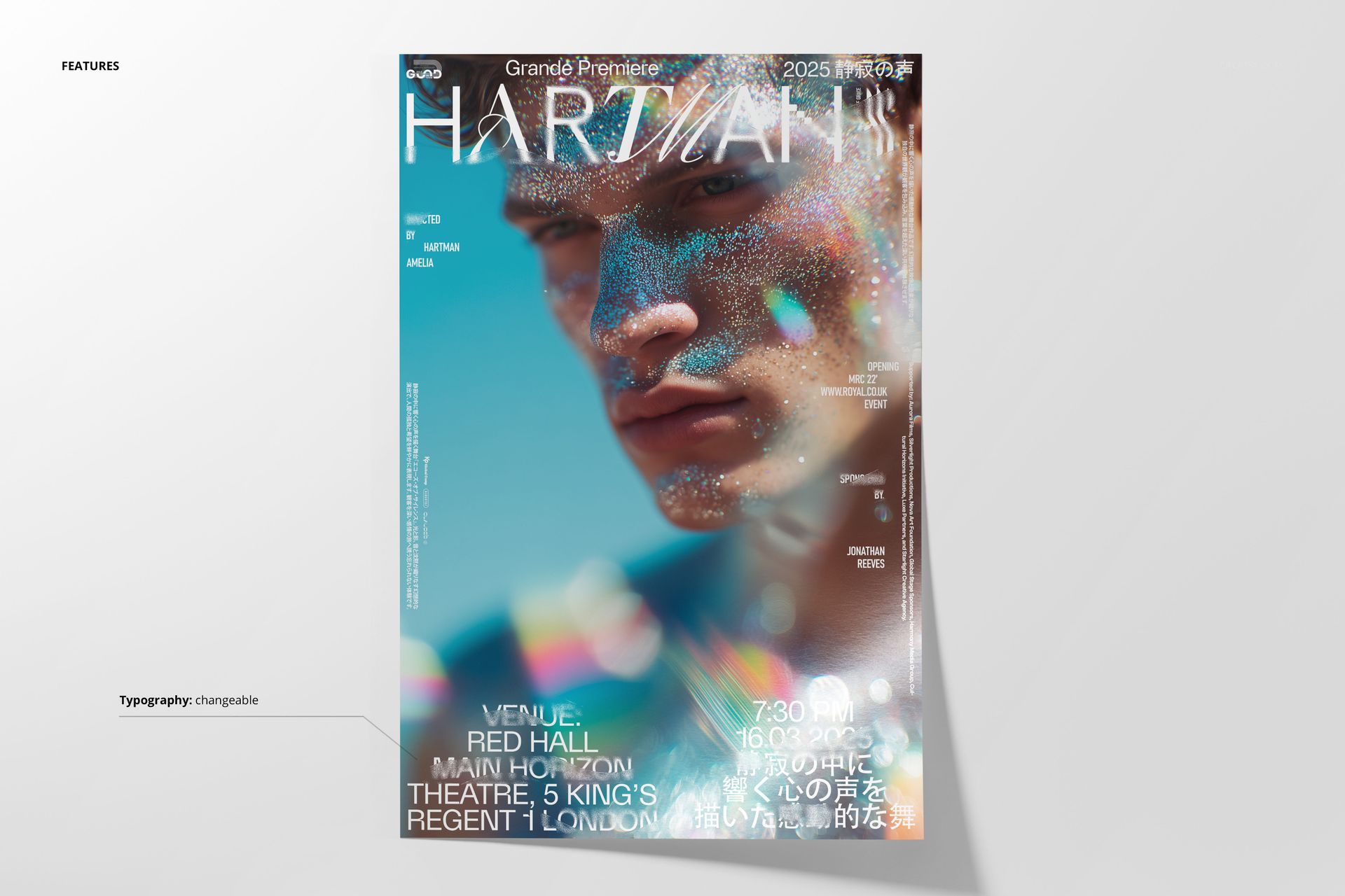 Poster mockup featuring vibrant blue and teal hues, white typography, and a clean minimalist layout on a flat surface.