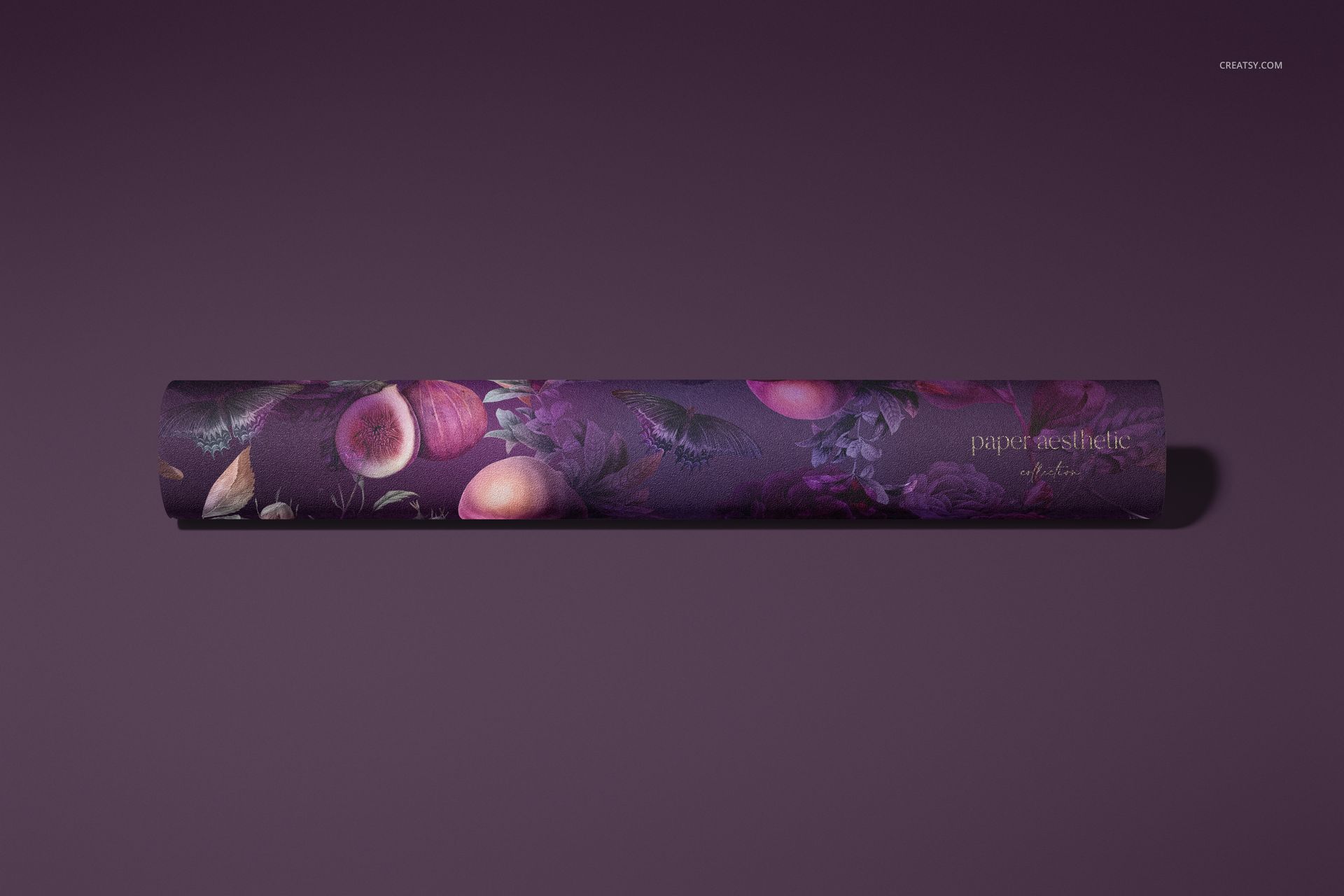 Front view of a rolled wallpaper mockup with a purple base and detailed botanical and fruit illustrations.