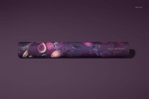 Front view of a rolled wallpaper mockup with a purple base and detailed botanical and fruit illustrations.