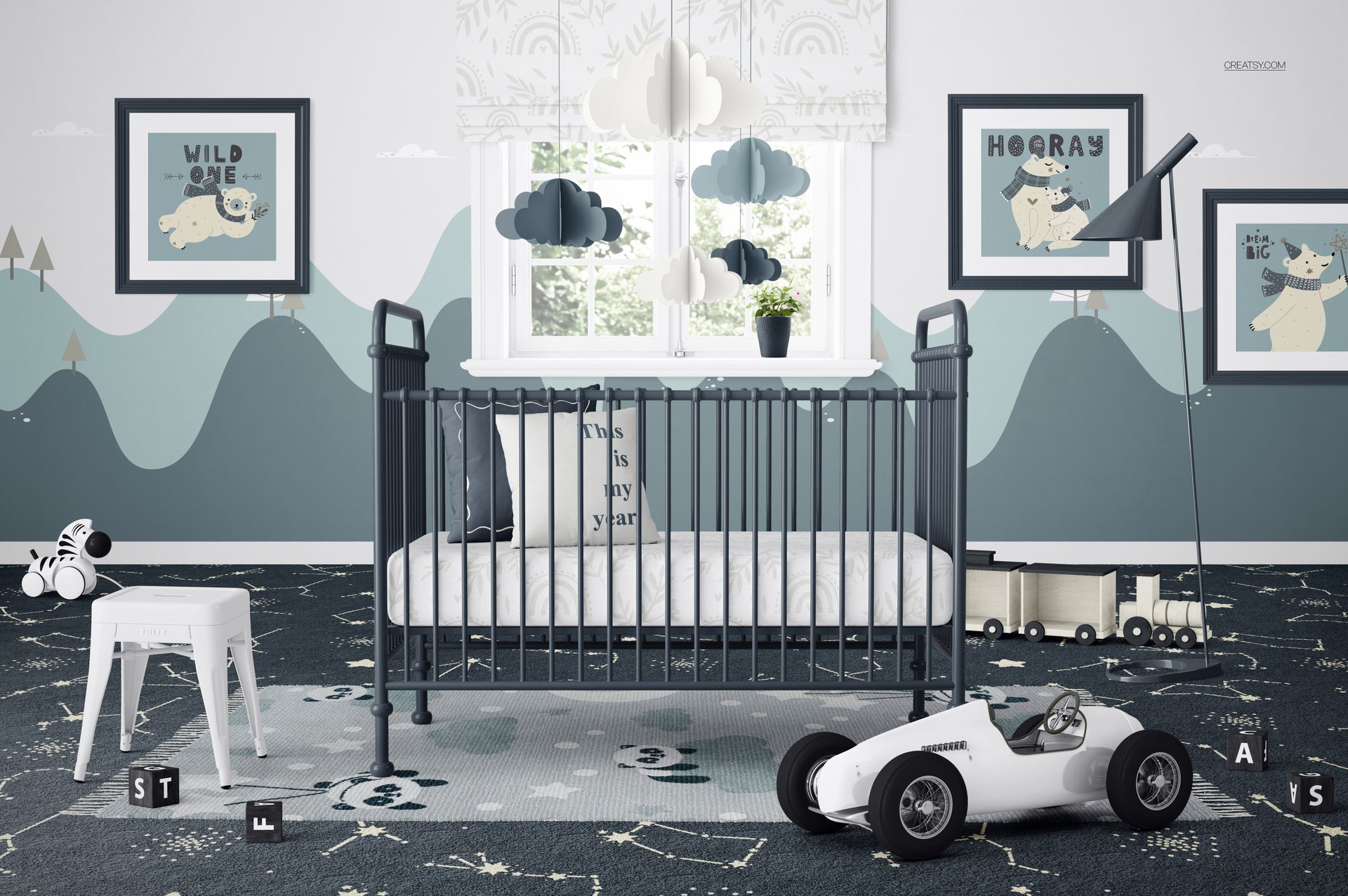 PSD mockup showing a baby crib in a kids room with blue and gray decor, wall art, and a toy car in the foreground.