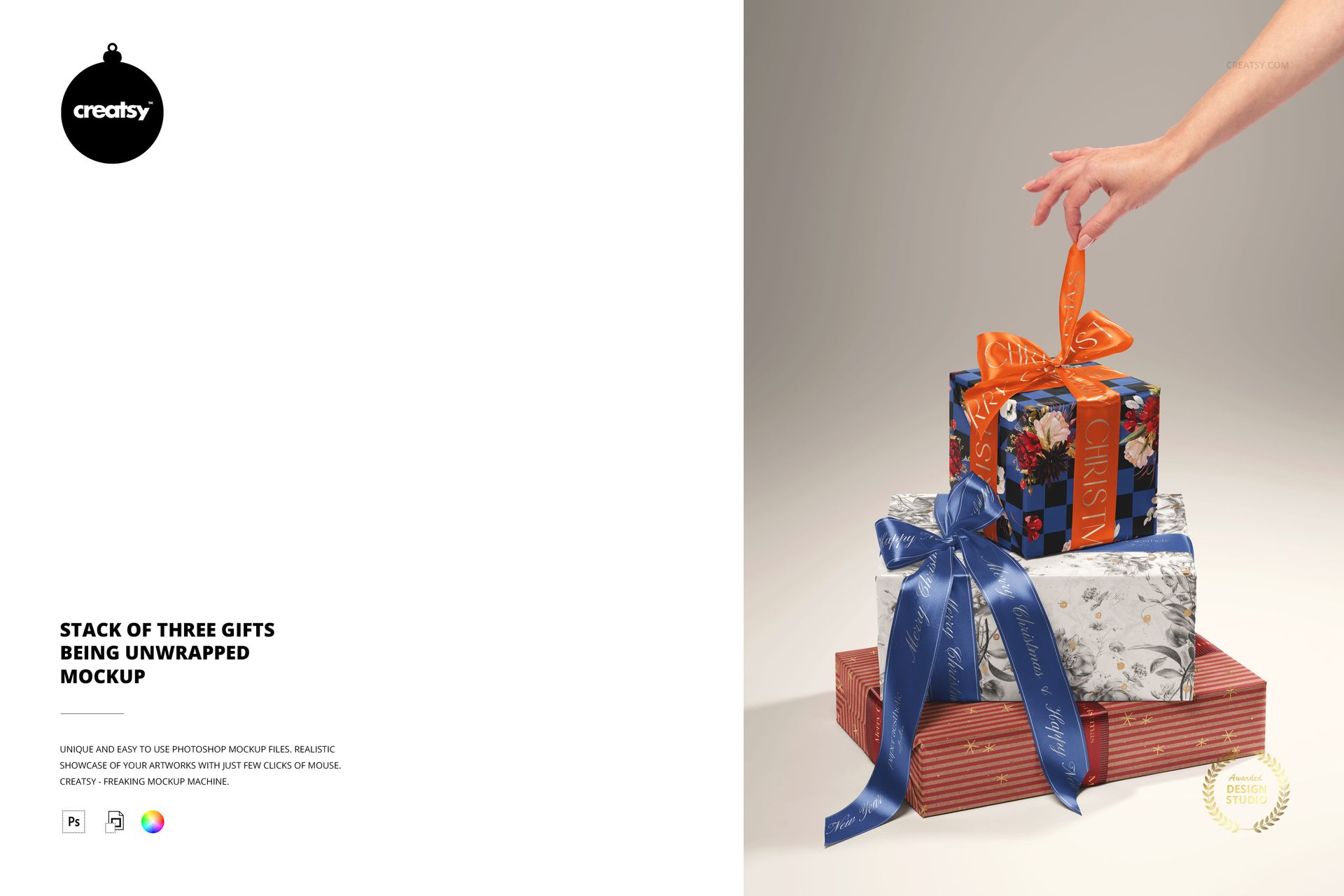 Hand unwrapping ribbon from a pile of three Christmas presents with decorative wrapping paper and bows, mockup scene.