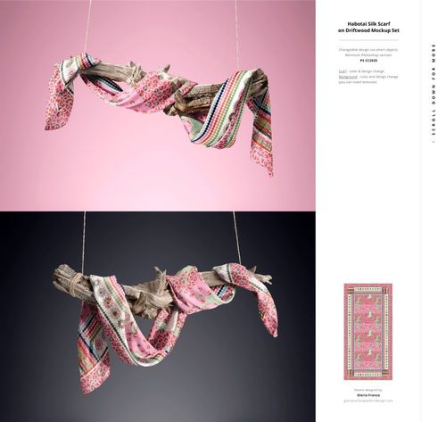 PSD mockup of habotai silk scarves featuring floral and geometric designs, artistically hung on driftwood.
