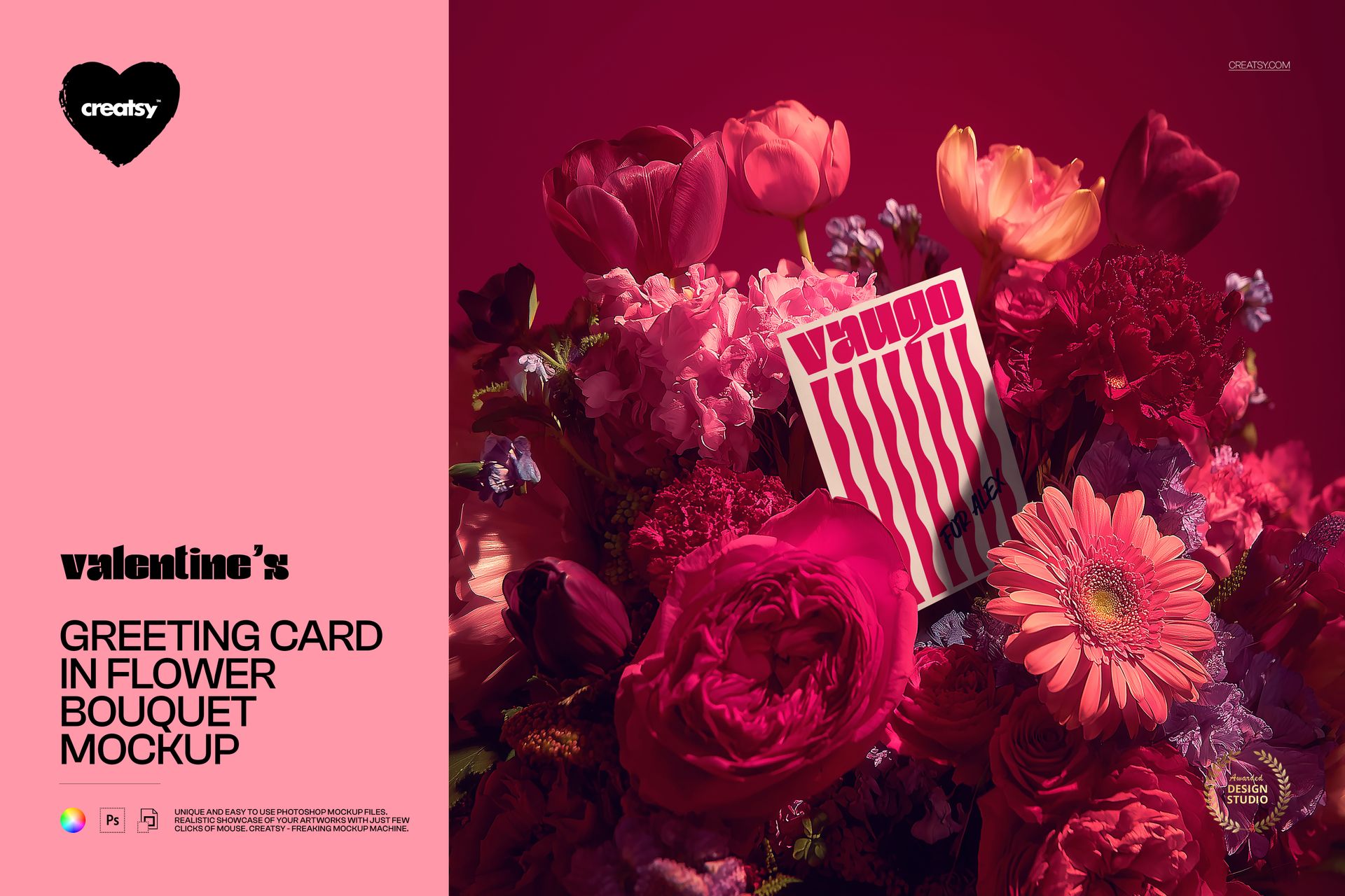 PSD mockup showing a greeting card nestled among assorted flowers in shades of pink, red, and magenta.