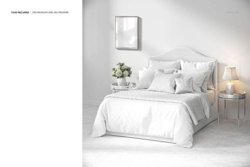 Front view of a colonial style bedroom mockup featuring a tufted headboard, layered pillows, and a comforter in white tones.