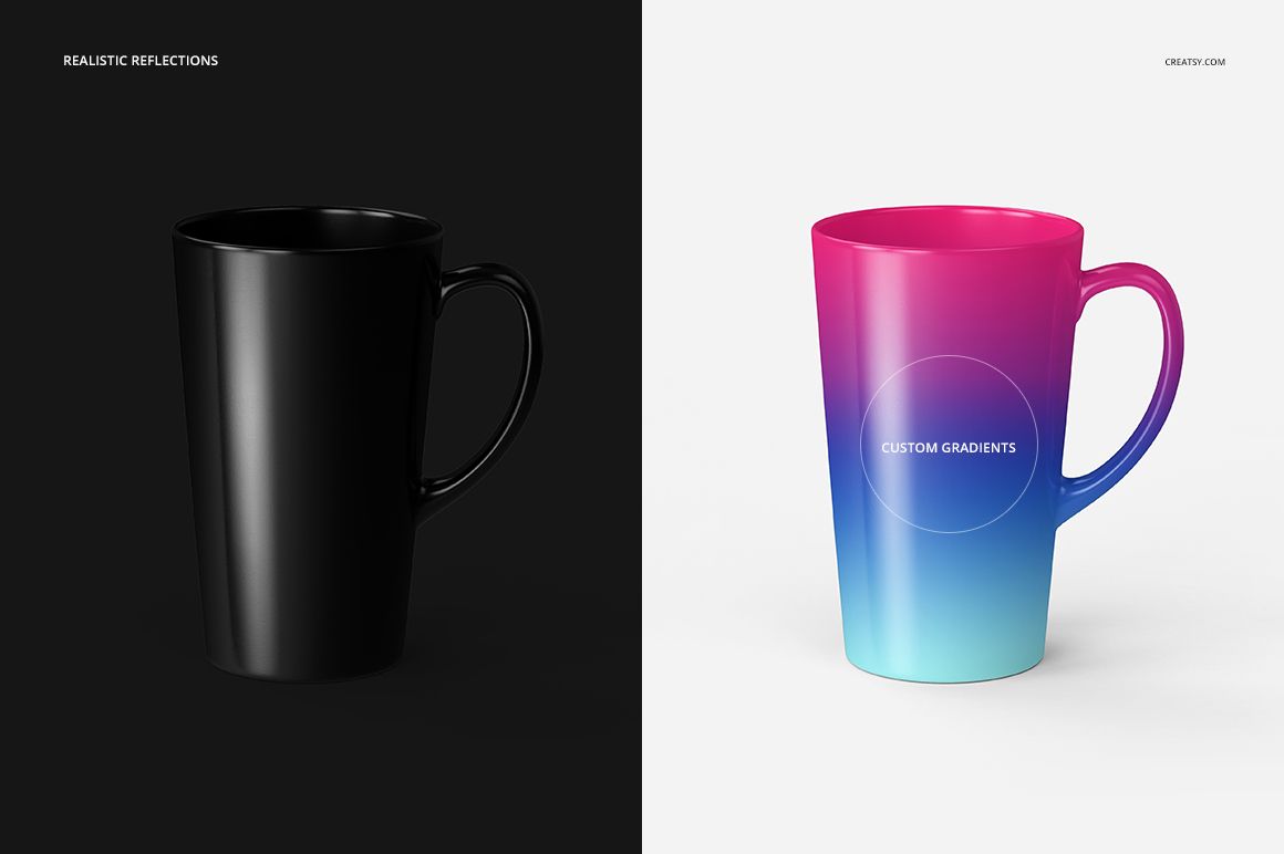 Front view of a 17 oz latte mug mockup with two versions: one in solid black, one with a pink to blue gradient on a white background.