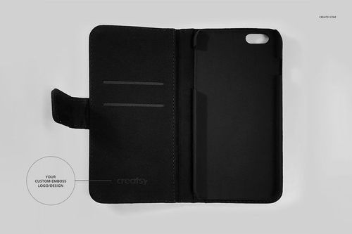 Open black foldable phone case mockup displayed on a light gray surface, featuring card slots and phone holder.