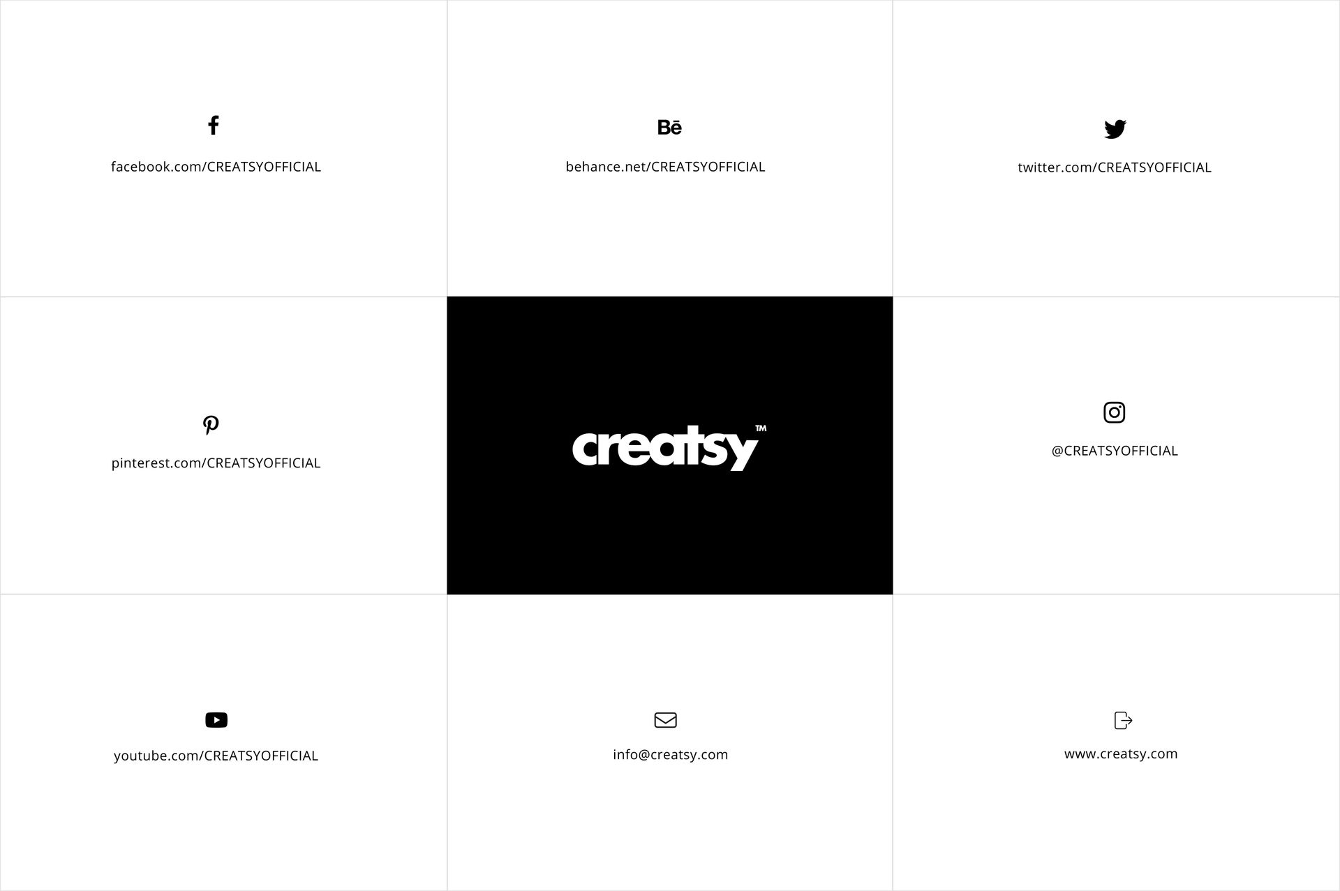Grid layout featuring black and white squares with social media icons and contact details, centered around a bold black creatsy logo.