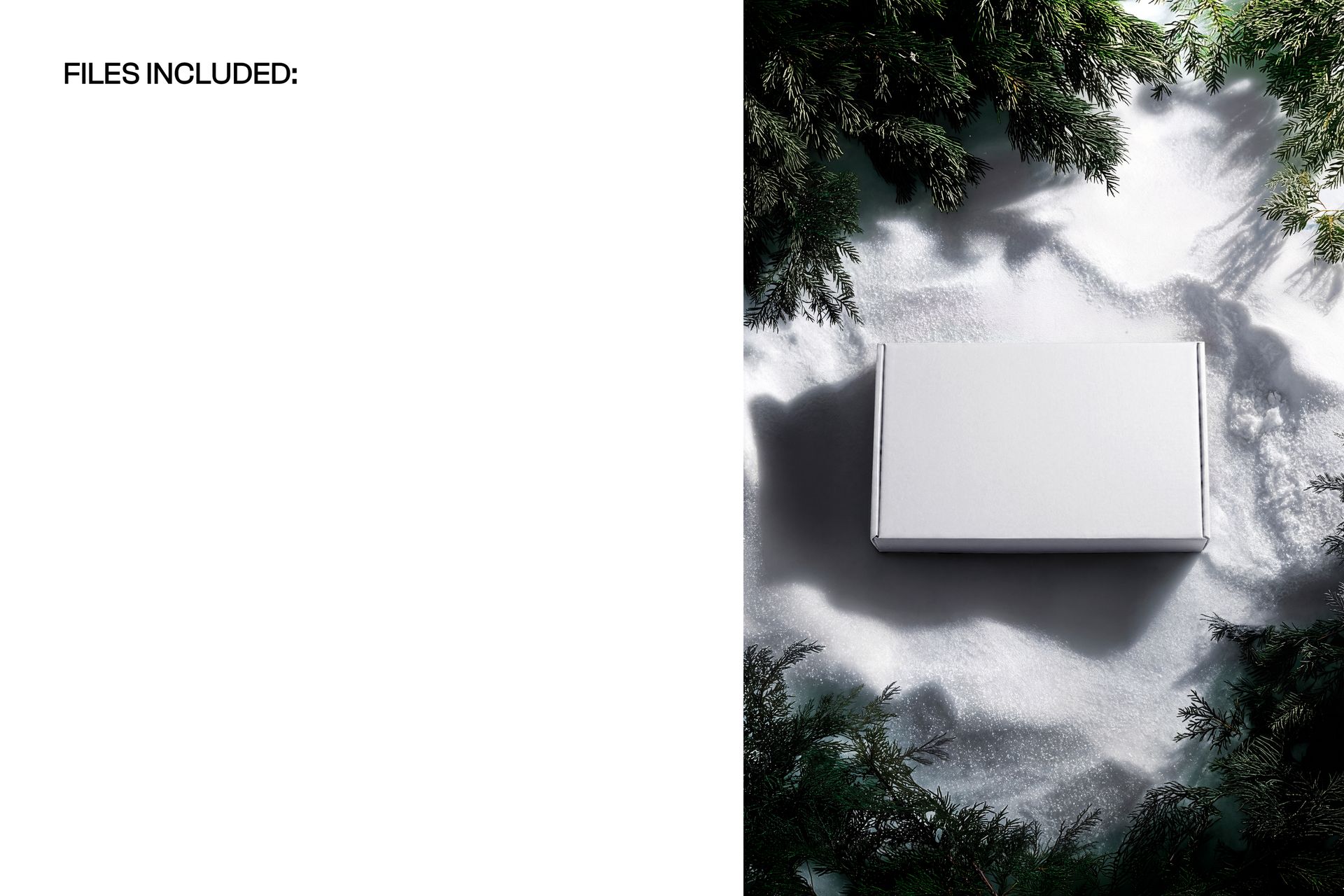 Rectangular mailer box mockup placed on snow, surrounded by green pine branches, top view.