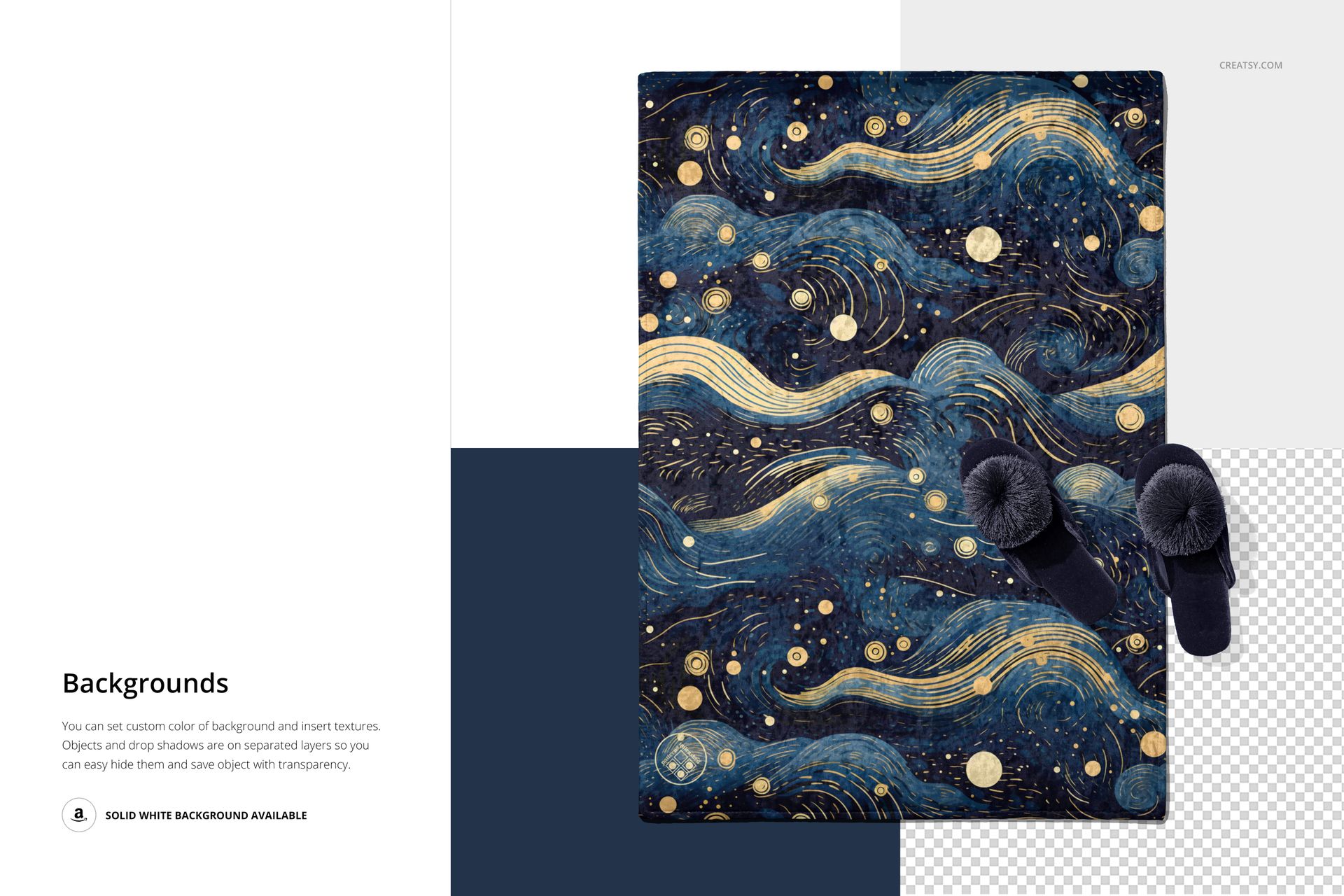 Rectangular marbled velvet rug mockup featuring blue and gold swirls, shown from above with slippers on top.