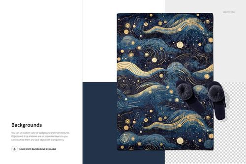 Rectangular marbled velvet rug mockup featuring blue and gold swirls, shown from above with slippers on top.