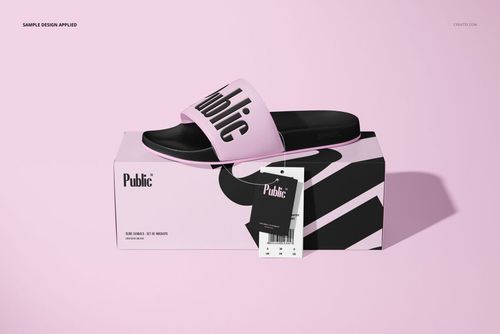 PSD mockup of a slip-on sandal with a pink band and black footbed, shown on a patterned box with a tag attached.