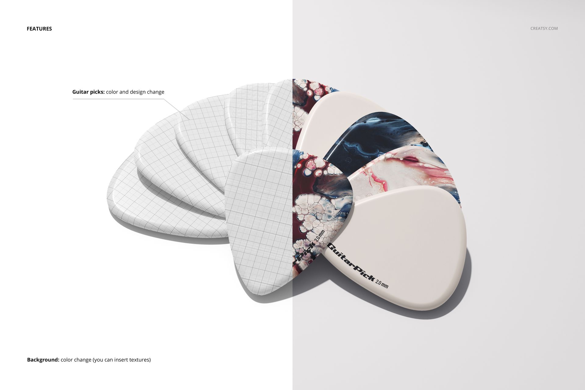 Guitar pick PSD mockup set with a split scene showing customizable grid picks on one side and artistic designs on the other.