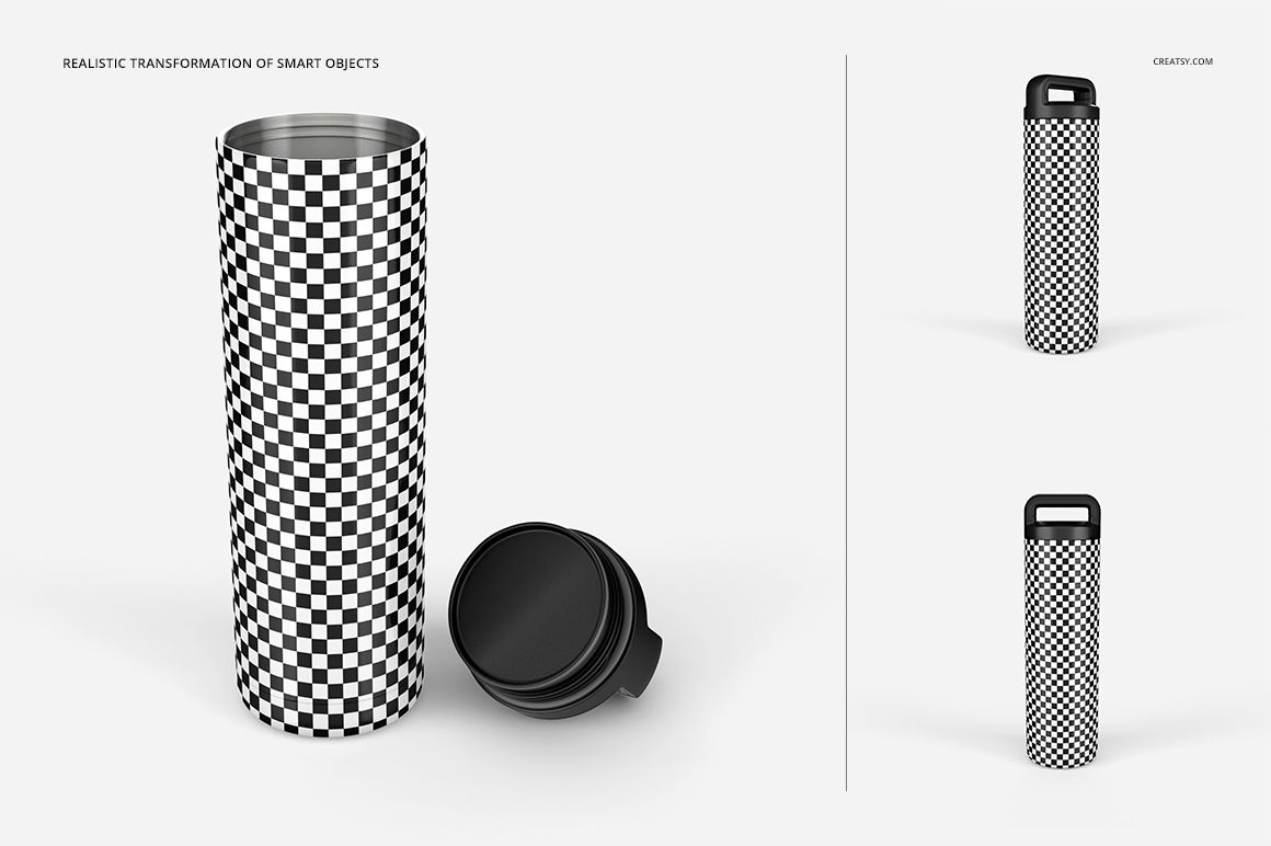 Insulated double wall tumbler mockup featuring a cylindrical shape, checkerboard design, and removable black lid.