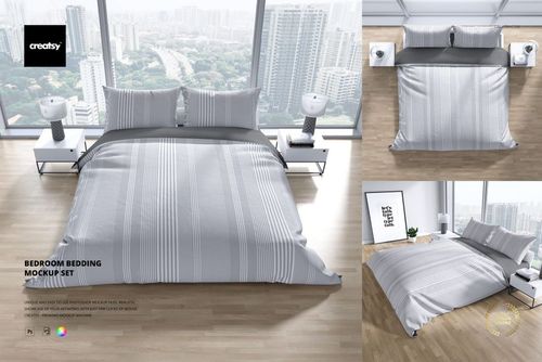 Modern bedroom bedding set mockup featuring a gray and white striped duvet and pillows in a bright city-view room.