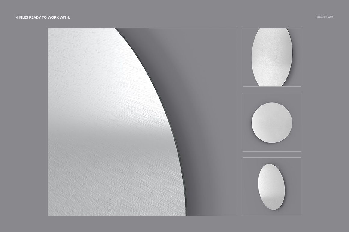 Close-up of a brushed metal disk print mockup, featuring smooth silver surface and oval shapes on gray backdrop.