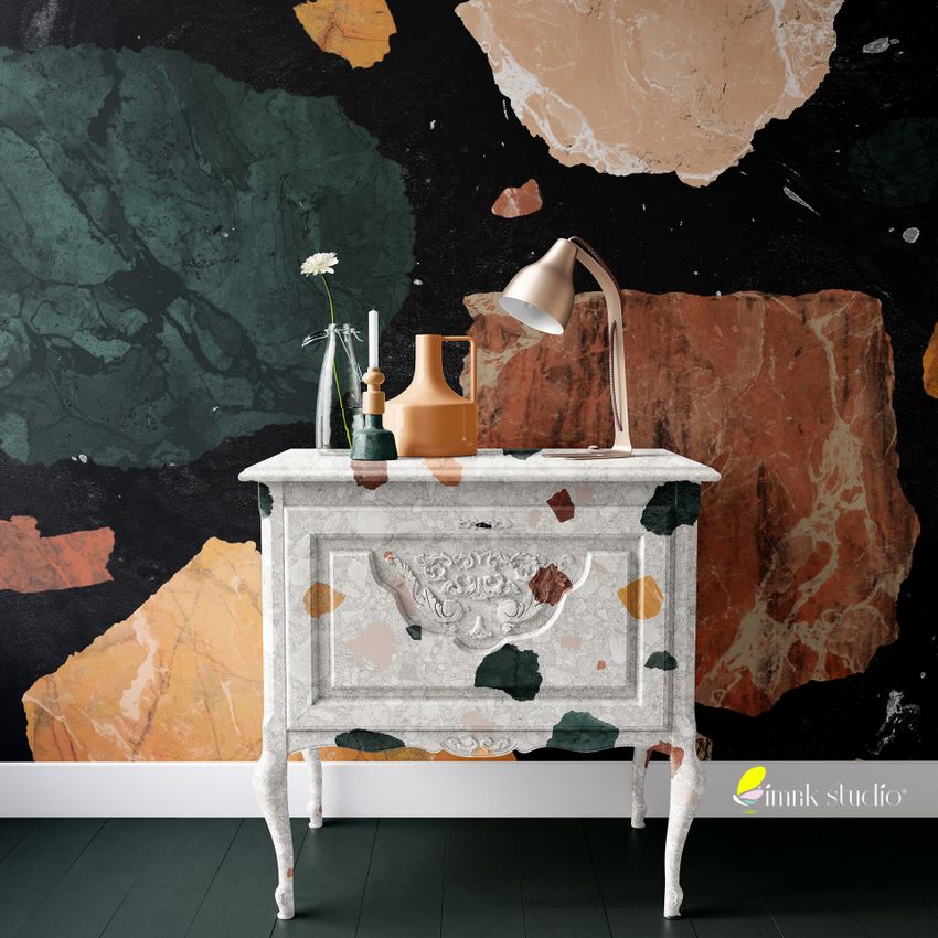 Interior scene mockup showing a white ornate dresser with abstract colored patterns, set against a bold patterned wall.