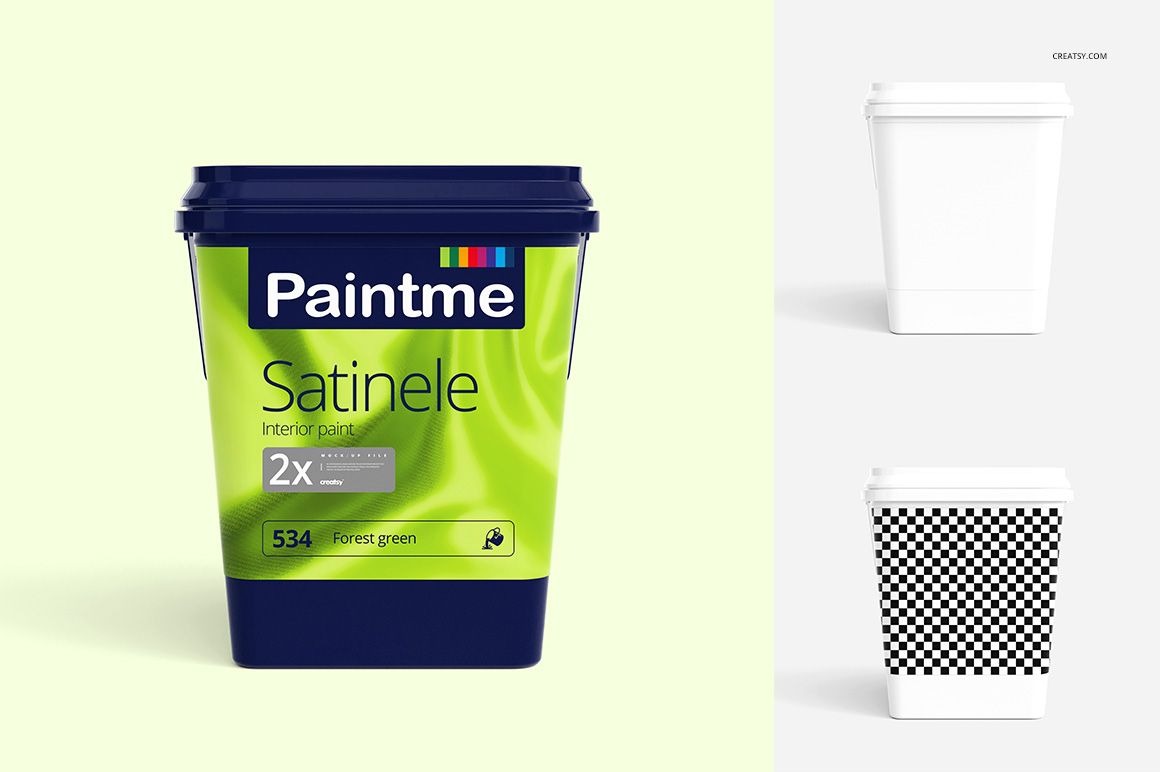 Three paint buckets shown from the front, featuring editable surfaces for custom designs and mockup presentations.