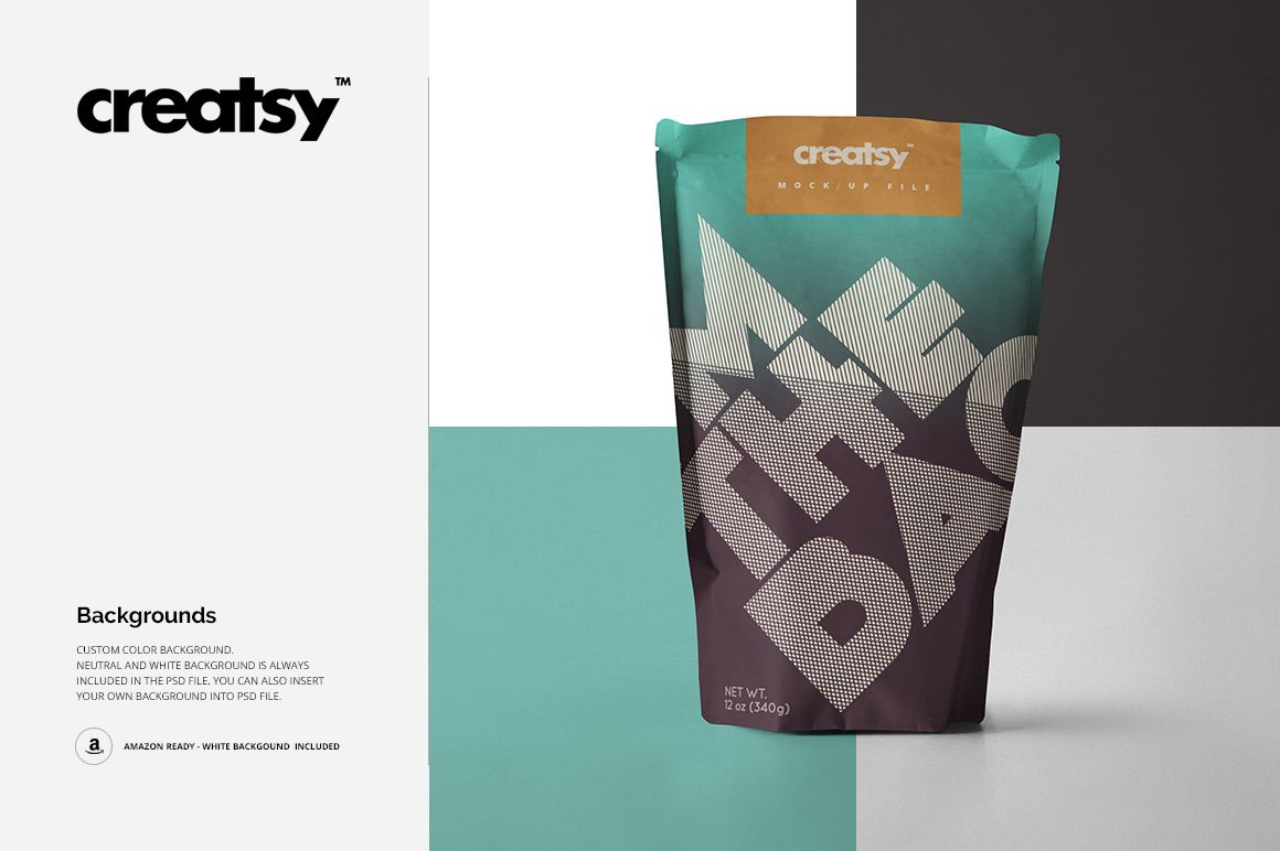 Paper bag mockup featuring bold typography and color blocks in teal and brown, positioned on a divided neutral backdrop.