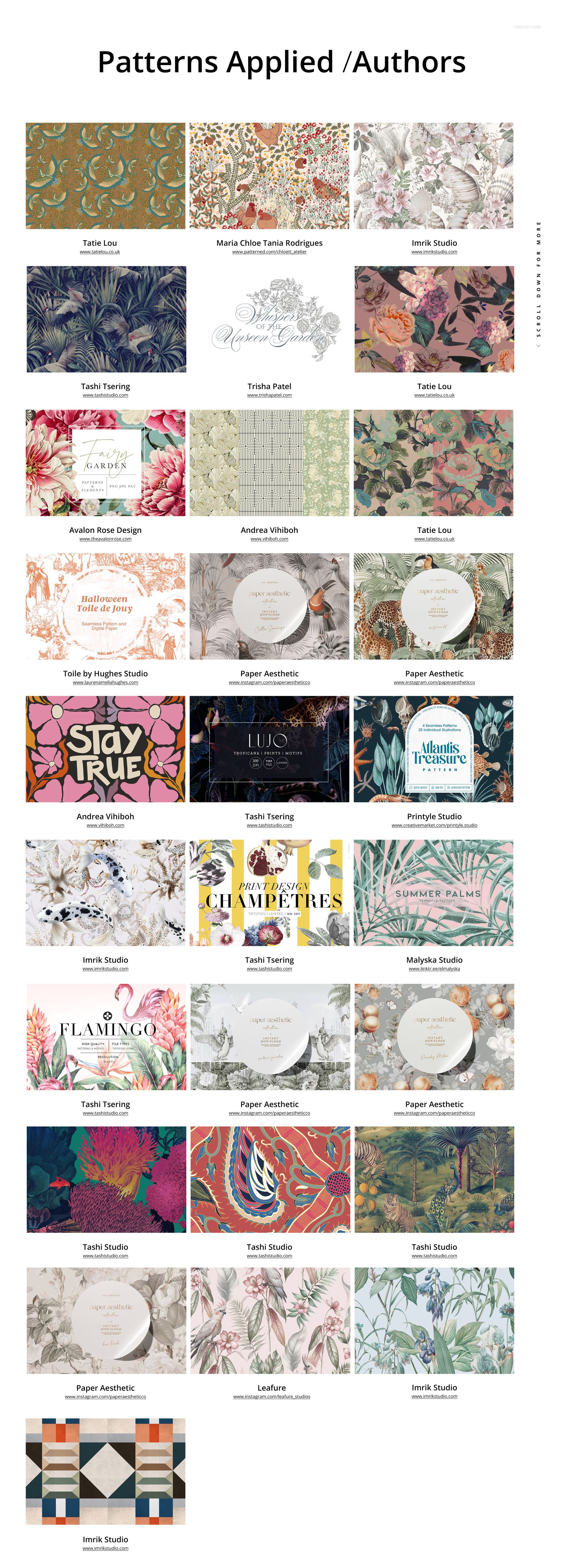 Assorted fabric mockups displayed in a grid, featuring various colorful patterns and floral designs from a front view.