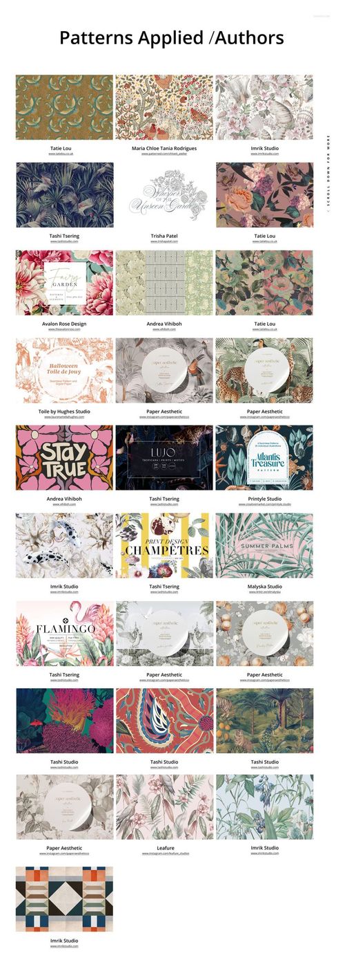 Assorted fabric mockups displayed in a grid, featuring various colorful patterns and floral designs from a front view.