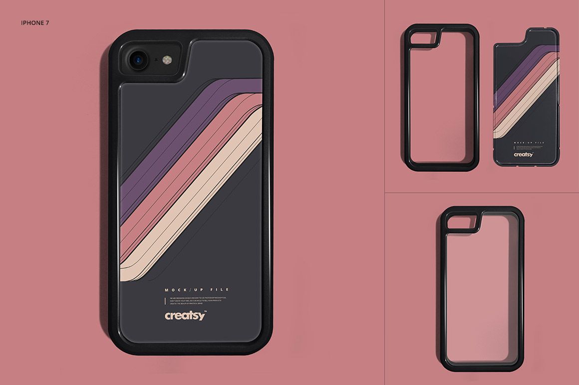iPhone bumper case mockup displayed with a retro stripe pattern in pink, cream, and purple tones on a matte surface.
