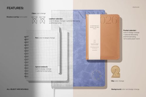 Front view of a leather calendar, spiral notebook, and pocket calendar mockup on a split background with neutral tones.