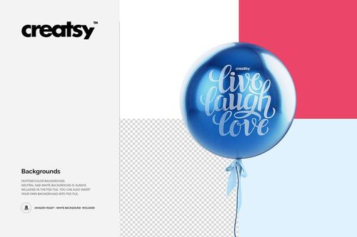 Blue sphere balloon mockup with ribbon, featuring white lettering, set on a multi-colored background with geometric sections.