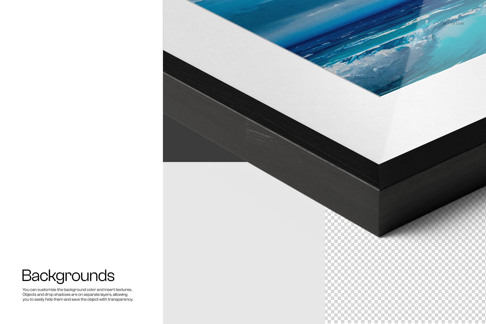 Close-up of a solid wooden frame mockup with a white border and blue artwork, viewed from an angled perspective.