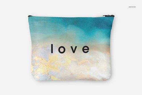 Bikini bag mockup featuring a zippered pouch with a gradient blue and beige design and bold black text.