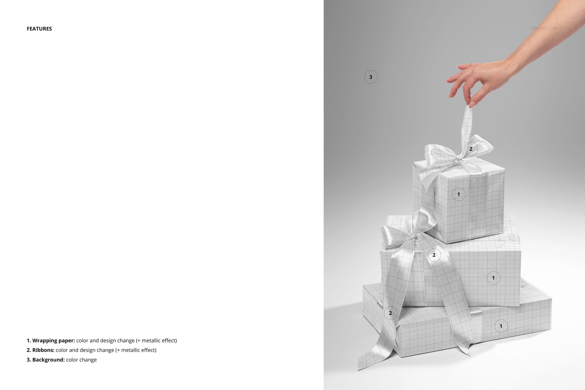 Three gifts in a pile, wrapped in grid-patterned paper with bows, hand lifting ribbon from top box, PSD mockup scene.