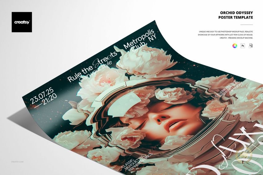 Orchid Odyssey poster mockup displaying a futuristic helmet with blooming orchids and a woman's face, angled front view.