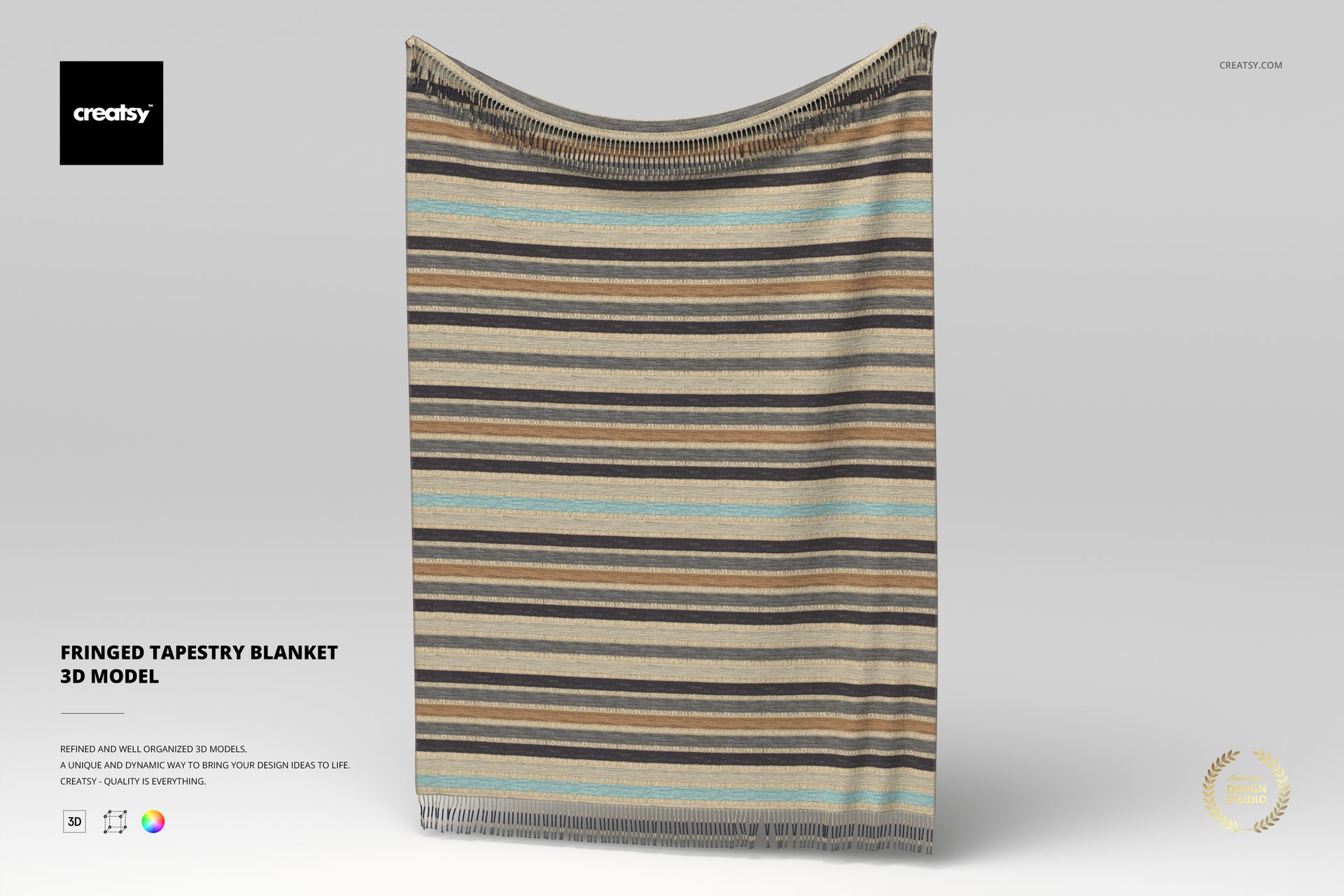 Fringed tapestry blanket with horizontal stripes in beige, brown, and teal, displayed hanging against a light gray background.