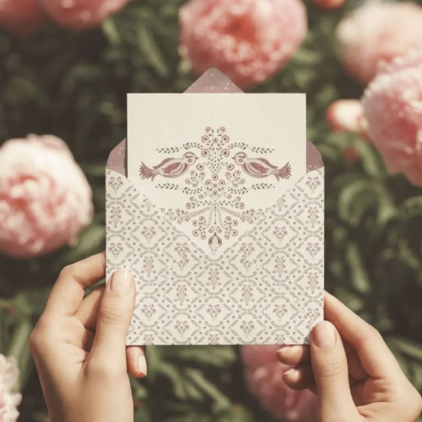Hands holding an envelope and card mockup with a pink floral pattern and bird illustration, surrounded by blooming peonies.
